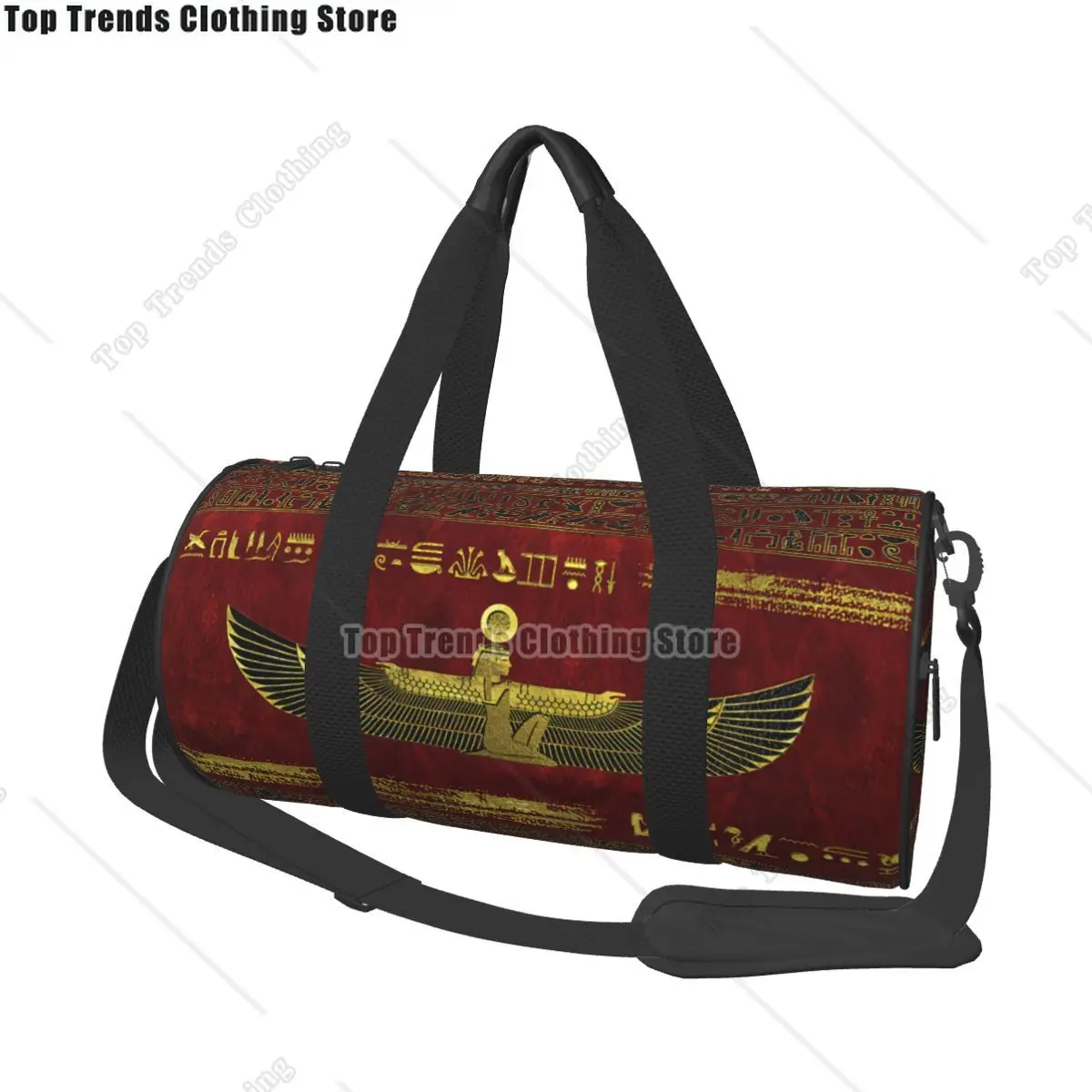 

Golden Egyptian Ornament Red Leather Travel Bags Men Fitness Handbag Cylinder Shoulder Bag Women Large Travel Tote Luggage Bag