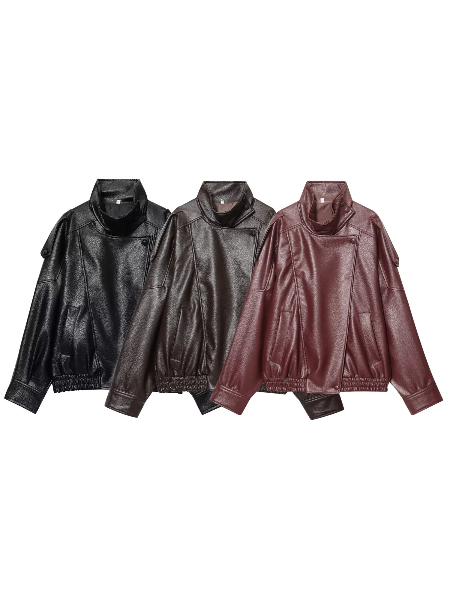 سترة فضفاضة من الجلد الصناعي للسيدات ماركة 2026 معطف عالي الشارع بياقة واقفة وأكمام طويلة ملابس خارجية بسحّاب غير رسمية للخريف والشتاء #1