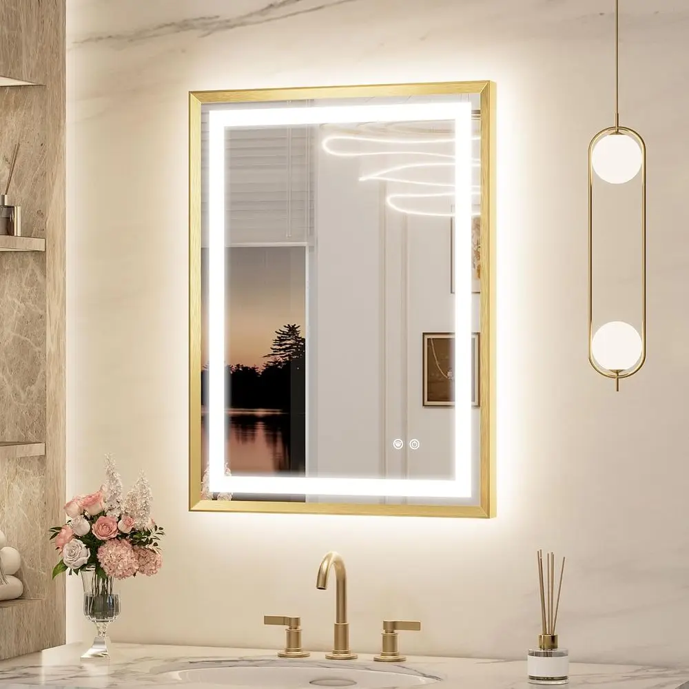 

Зеркало для ванной Keonjiinn 24 x 32 дюйма со светодиодной подсветкой (фронтальной и задней), золотое, с металлической рамой и скошенными краями, U-образное