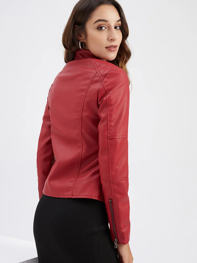 Spring And Autumn Thin Leather Women\'s Slim Jacket Jacket Ladies Motorcycle Wear Large Size Stand-up Collar Leather Jacket