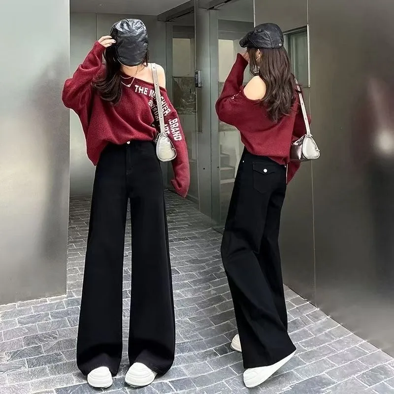 Womens Jeans Black Wide Leg High Waist Straight Loose Fit Trousers Winter Autumn Trendy Chic  Long Pants