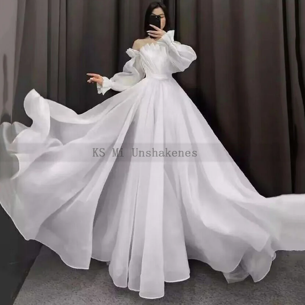 Vestidos de Noiva Branco elegancka białe suknie ślubne 2024 plisowane suknie ślubne z organzy z długim rękawem suknia dla panny młodej sznurowane