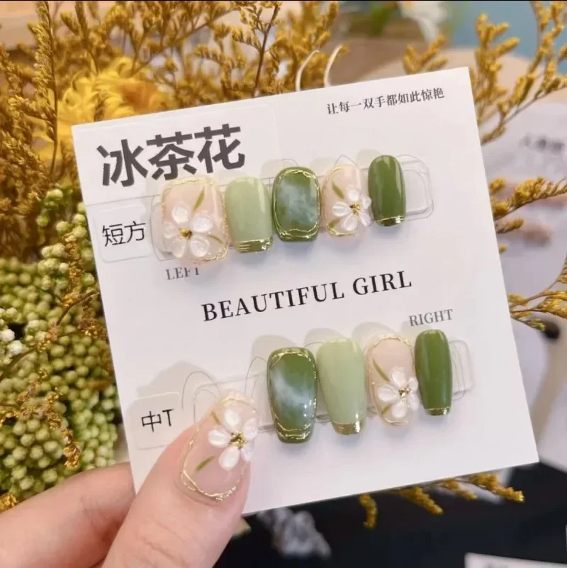 

10pcs Handmade Green Flower Medium Coffin Press on Nails Set High Quality Cute Fake Nails with Glue Korean Acrylic False Nails