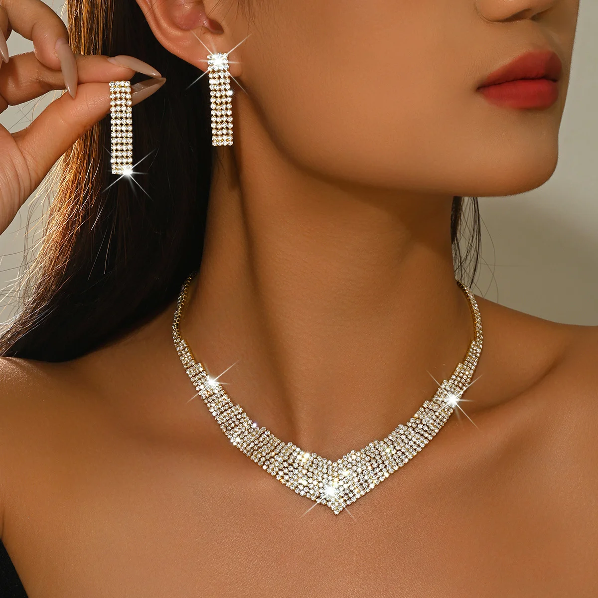 

New eco-friendly jewelry: Water droplet claw chain, geometric necklace, earrings - bridal and wedding jewelry set