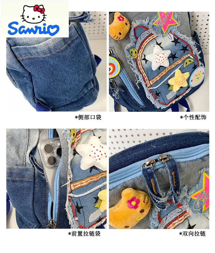 Sanrio Fashion Retro Cowboy Color blocked Backpack Student Sweet and Cute Cartoon Hello Kitty Large Capacity Backpack