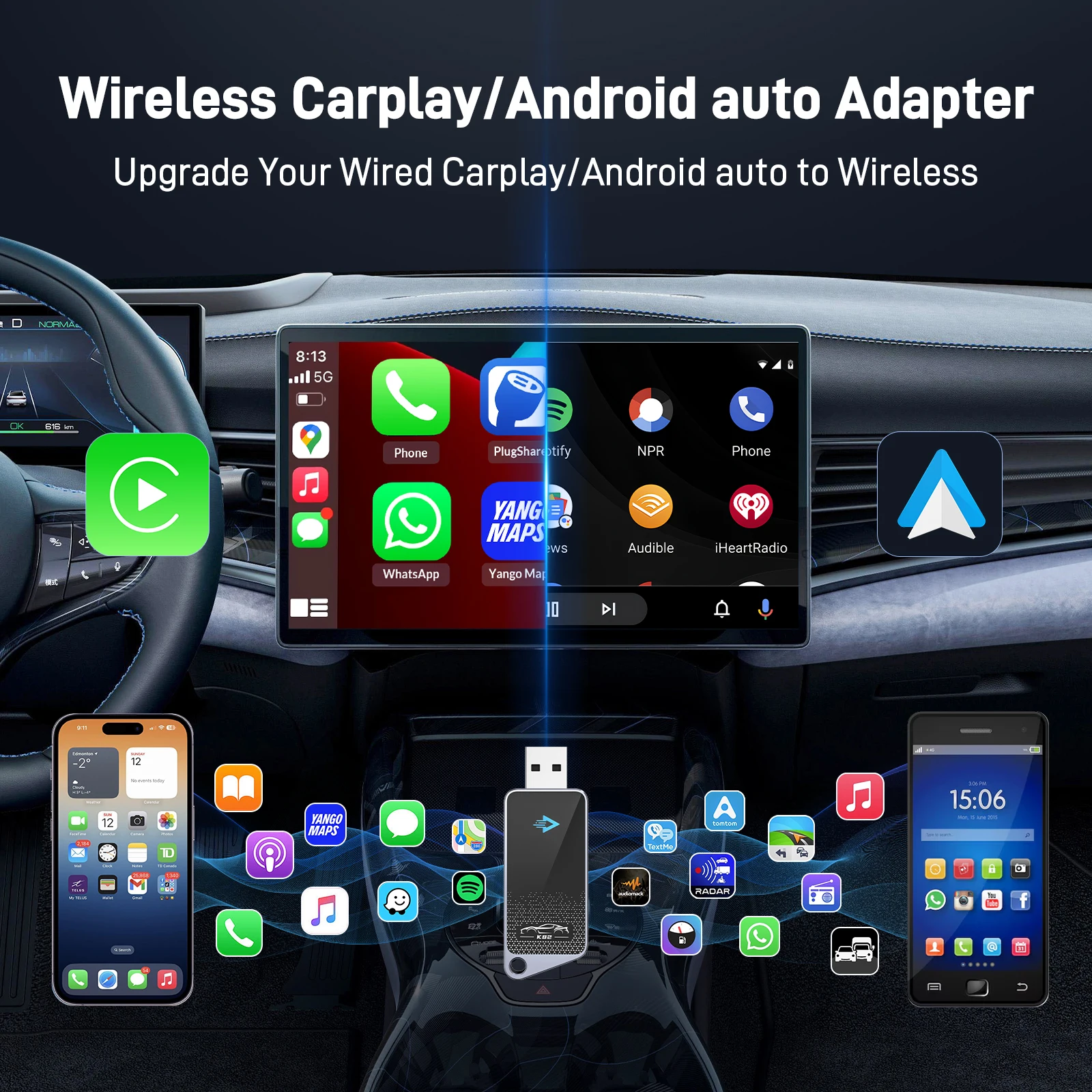 2in1 verkabelt mit kabellosem CarPlay-Adapter Smart Android/iOS Auto Mini CarPlay Stick für USB Plug and Play OEM Car Dongle