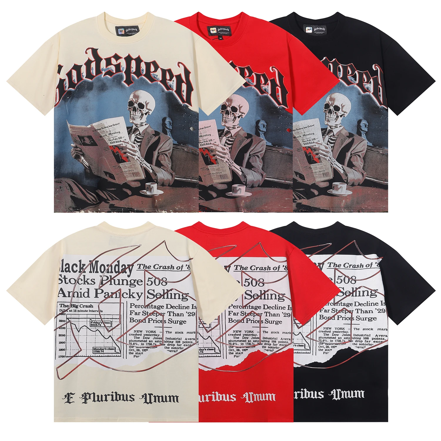 

Godspeed T-shirt Skull Read Newspaper Printed Tops Streetwear Personality God Speed Casual Short Sleeve Tee