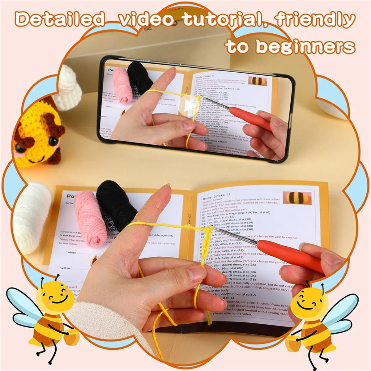 *CLOS مجموعة كروشيه DIY مجموعة كروشيه ليتل بي مع إبر غزل الحياكة دمية قطيفة سهلة