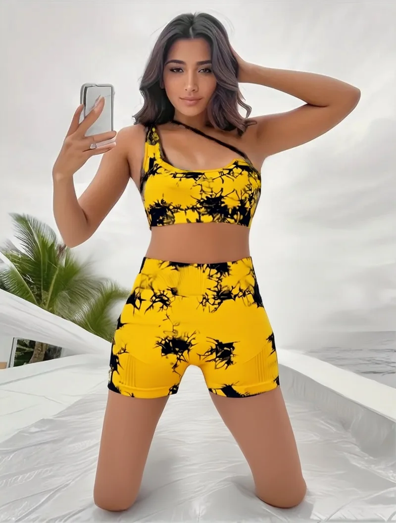 

Popular yellow tie-dye suit, breathable nylon material, slanted shoulders, three-point shorts, a good choice for yoga running