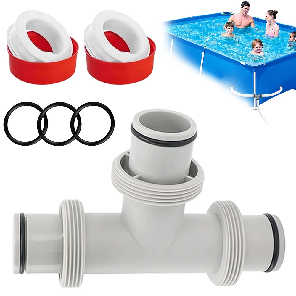 Connecteur de tuyau de piscine en forme de T de 38 mm avec 3 joints toriques en caoutchouc et 2 bandes d'étanchéité, pièces de rechange pour raccord de tuyau optimisé pour la circulation de l'eau, étanches, pour pompe de filtration de piscine hors sol
