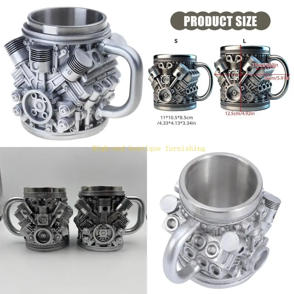 L9NB Resin Beer Mug With Mechanical Pattern Double Walled Construction Heat Retention Water Cup Automotive Engine Drinkware