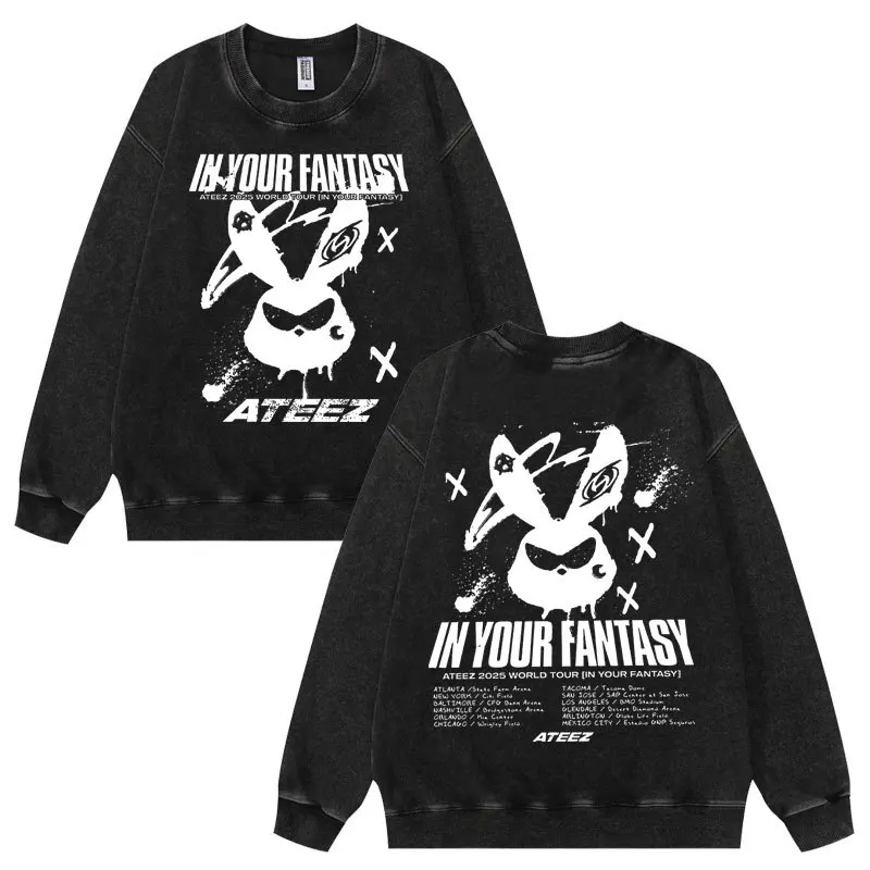 Ateez in Your Fantasy World Tour خمر غسل هوديي النساء الرجال س الرقبة طويلة الأكمام Crewneck البلوز بلوزة فضفاضة غير رسمية القمم