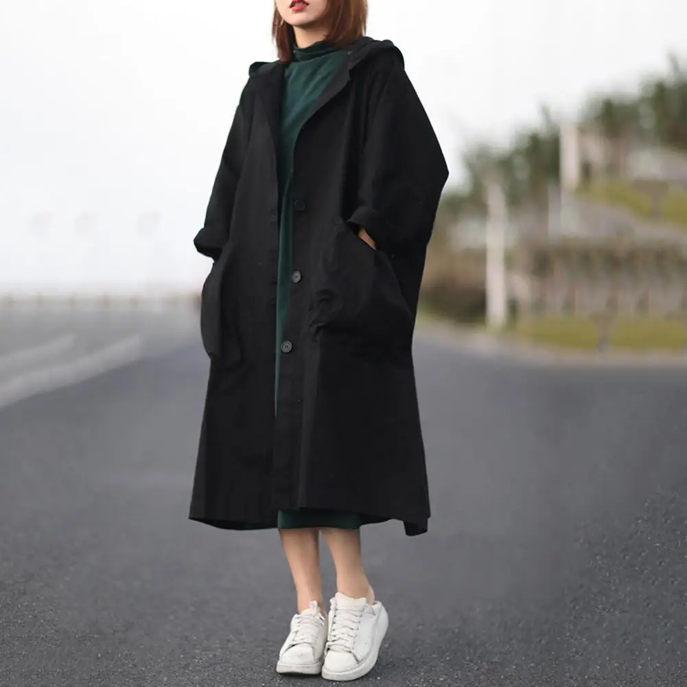 

Women Hooded Coat Stylish Hooded Women's Cardigan Coat with Drawstring Large Pockets Mid-calf Length Overcoat for Daily Wear