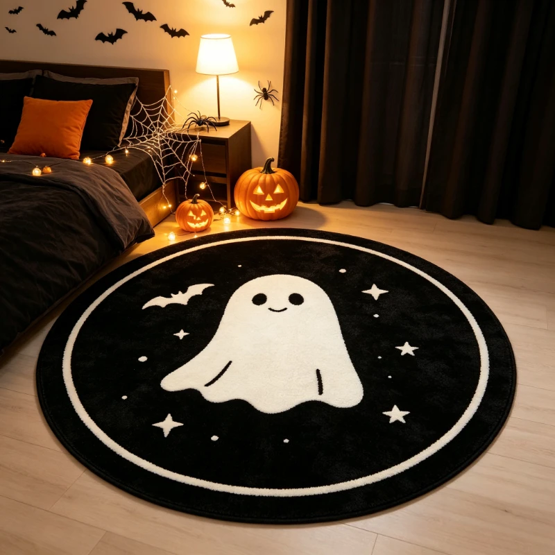 Ghostly White Spirits Floating Black Stone Abyss Pumpkins Round Rug For Halloween Entryway Featuring Eerie Glow Rug