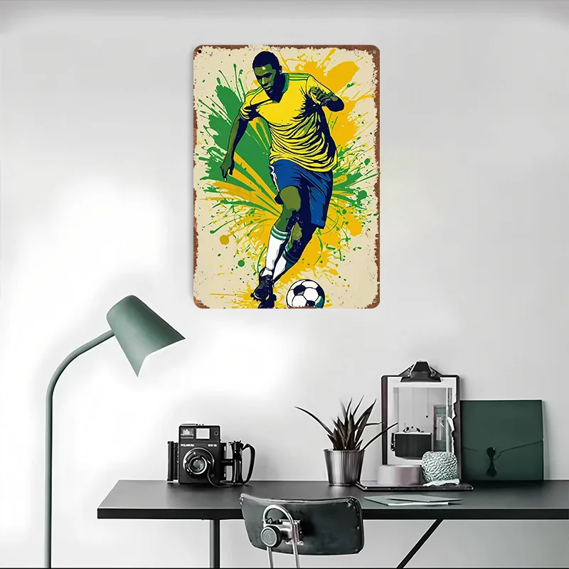 Player With Brazil Splatter Background Metal Sign Wall Art Poster Bedroom Decoration Room Football Tin Signs for Home Decoration