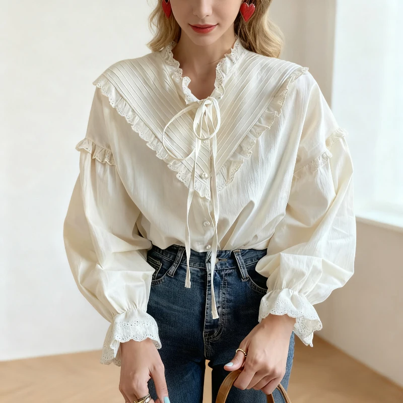Autumn New Vintage Long Sleeve Lace Blouse Sweet Hollow Out Lace Up Loose Button Blouses Elegant Ruffle Women's Shirt 9580