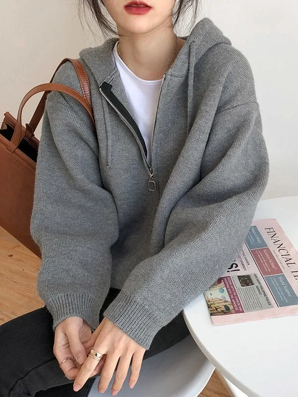 

Новая осенне-зимняя женская толстовка на молнии, вязаная, утепленная, свободного кроя, в корейском повседневном стиле, с длинными рукавами и капюшоном