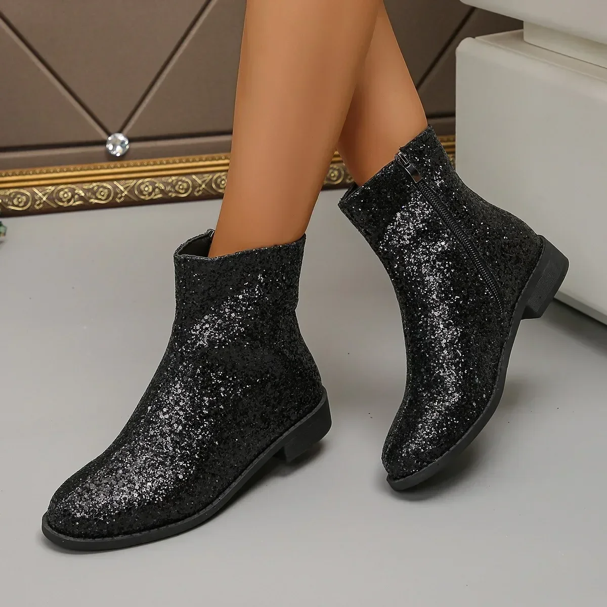 Boots Women Christmas Glitter Zipper Chunky Heel Ankle Boot Sequins Round Toe Chunky Heels Ankle Boots Party Shoes for Women