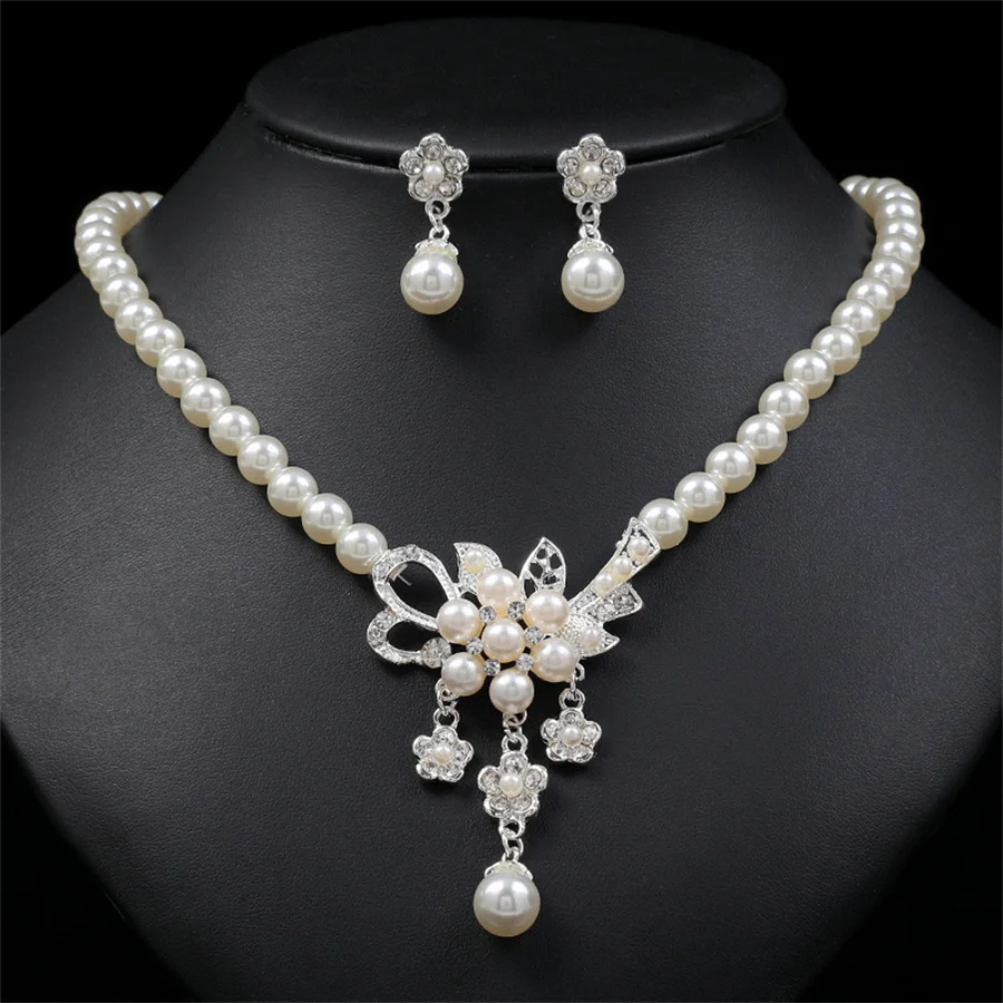 New Fashion personality flower Imitation Pearl Wedding Necklace Earring Set Bridal For Women Elegant Rhinestone Jewelry Gift