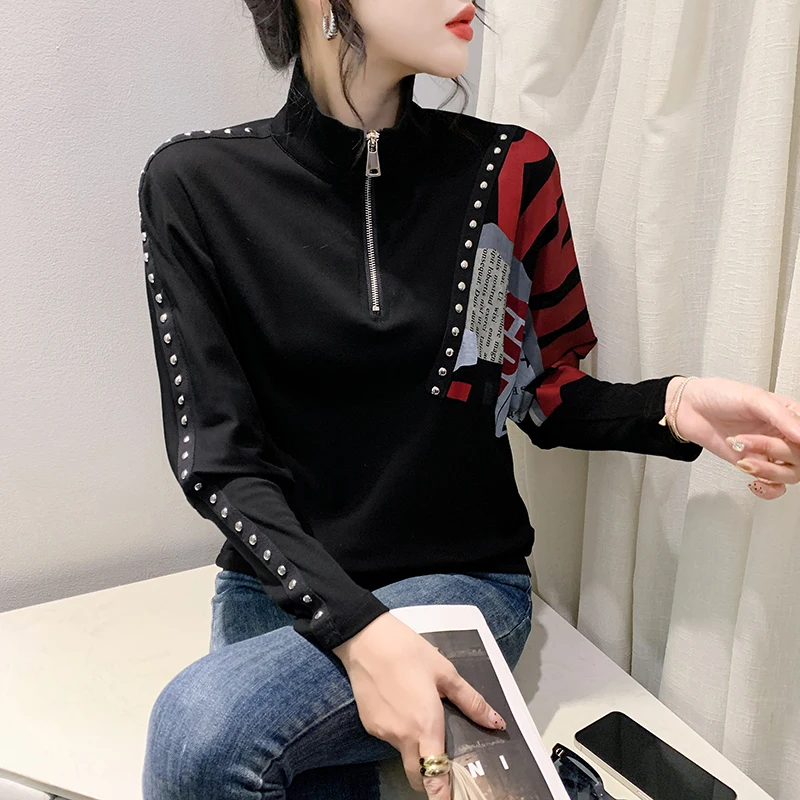 MadBlack European Clothing Tshirt Women Turn Down Collar Print Zipper Diamonds Slim Tops Long Sleeve Tee Autumn Winter T306100JD