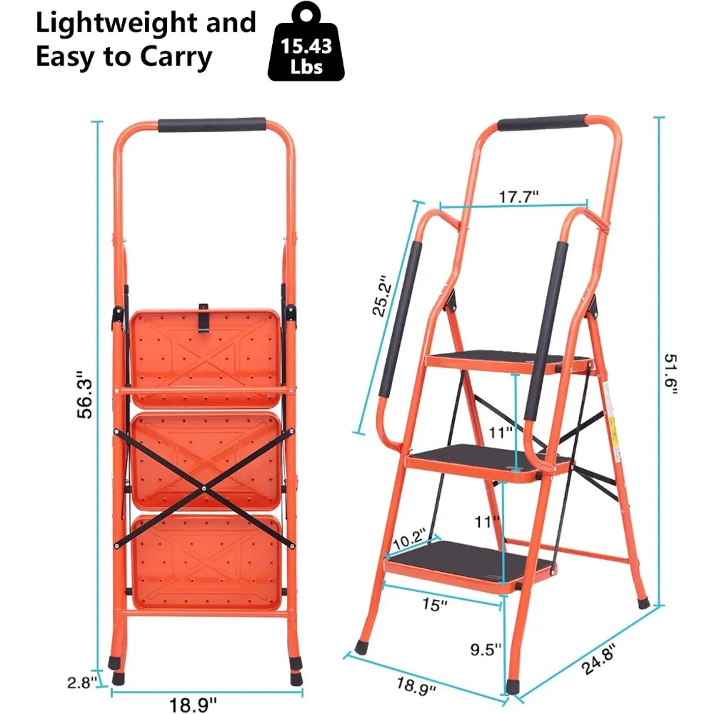 سلم أمان قابل للطي مضاد للانزلاق بثلاث خطوات مع درابزين مبطن ودواسات كبيرة لتعزيز الاستقرار #4
