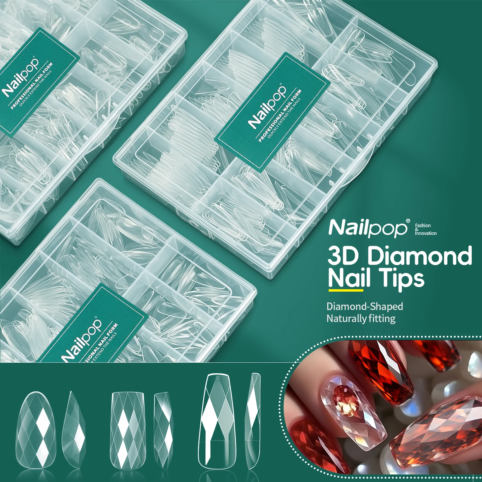 

Nailpop 3D Diamond Shaped Soft Gel Nail Extensions 240pcs Almond Nail Tips 12 Sizes Full Cover Acrylic Clear False Nails for DIY