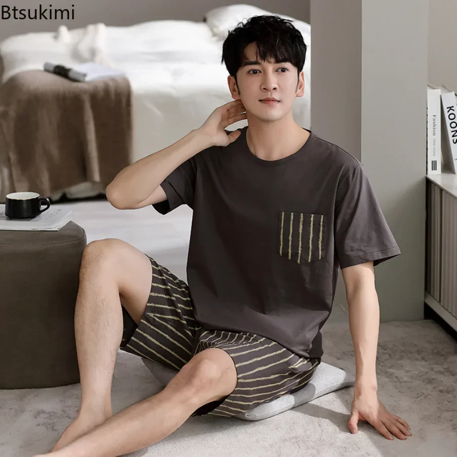 2024 Men\'s Summer Casual Cotton Sleepwear Sets Short Sleeve Shirts and Shorts Men 2PCS Sleepwear Pyjamas Male Homsuit Loungewear