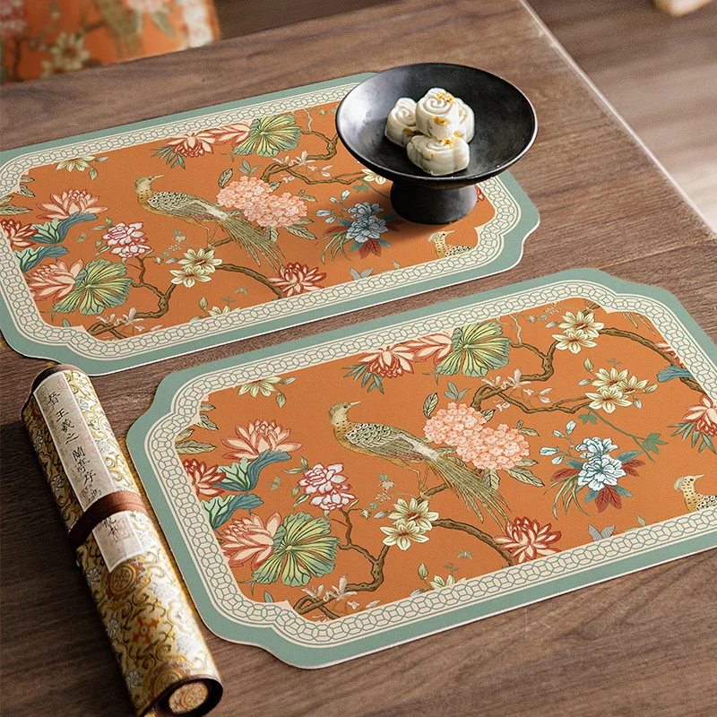 Heat Resistant Table Mats Set of 2, Hydrangea Faux Placemats, Floral Bird, Chinese Style, Digital Printing for Party Family