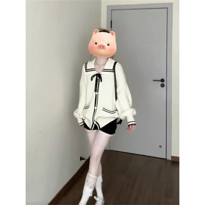 Lose Strickjacke frauen Sle Koreanische Navy Kragen Pullover Mantel mit Knoten Herbst Winter Abnehmen Farbe Blo Top