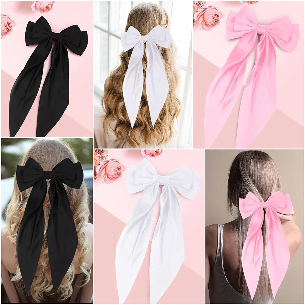 Arcos de cabelo para meninas, acessórios para cabelo, rosa, branco, preto, monocromático, cetim simples, clipe de primavera, pino para mulher