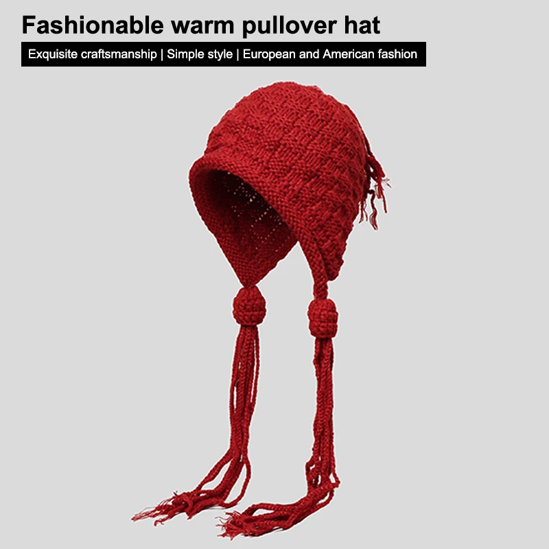 1 قطعة اليدوية الكروشيه الملونة الغزل قبعة للنساء الشتاء موضة قبعة صغيرة محبوكة قبعة إيرفلاب شرابة Pompom قبعة
