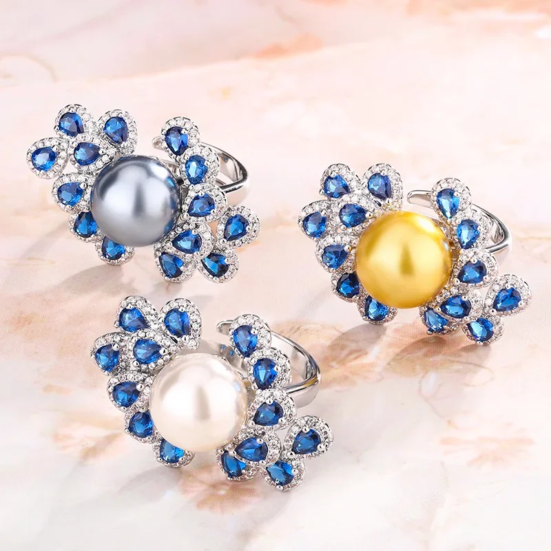 

Fall New Arrivals Adjustable Pearl Sapphire Flower Shaped Ring Women Blue Petals with White Gray Pearls Elegant Design Jewelry