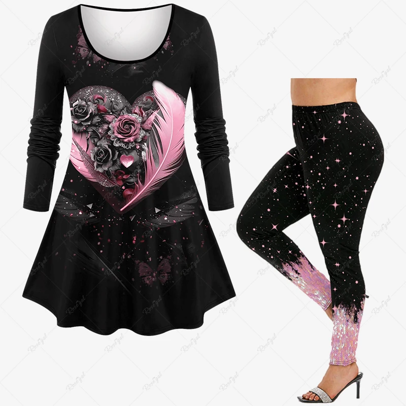 Wonmen's-Casual Matching Set for Valentine's Day Rose Flower Heart Glitter Firework Butterfly 3D Print T-shirt or Tight Leggings