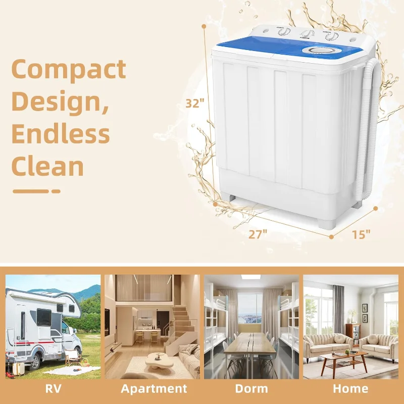 غسالة Zynkez المحمولة، غسالة غسيل بحوض مزدوج مدمجة سعة 28 رطلاً مع مضخة تصريف مدمجة، غسالة شبه أوتوماتيكية بوزن 18 رطلاً