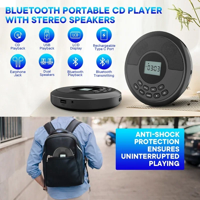 Portable CD Player with Speaker Stereo and Headphones Rechargeable Bluetooth CD-Players LED Screen MP3 Music Album Player