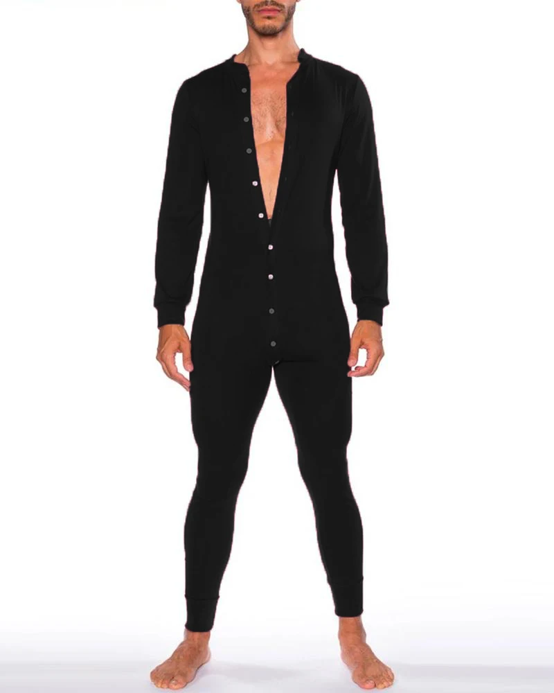 Männer Pyjama Overall Langarm Knopf vorne Bodysuit lässig lange Bein Hosen Nachtwäsche Home Kleidung