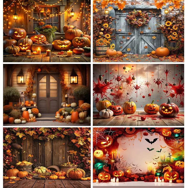 Halloween Day Autumnal Pumpkins Photography Backdrops Props Maple Leaf Scarecrow Farm Harvest Thanksgiving Background RR-20