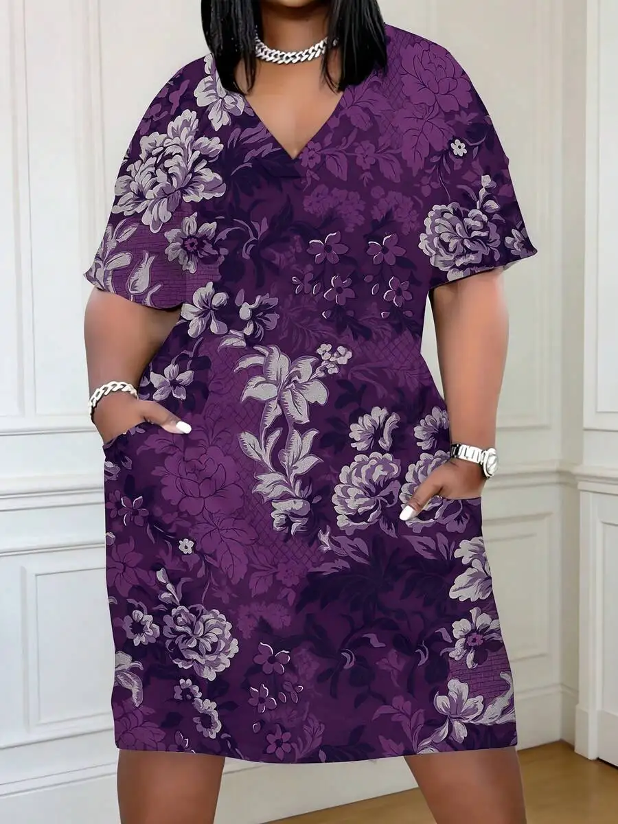

Purple Floral Print V Neck Short Sleeve Loose Casual Dress For Women