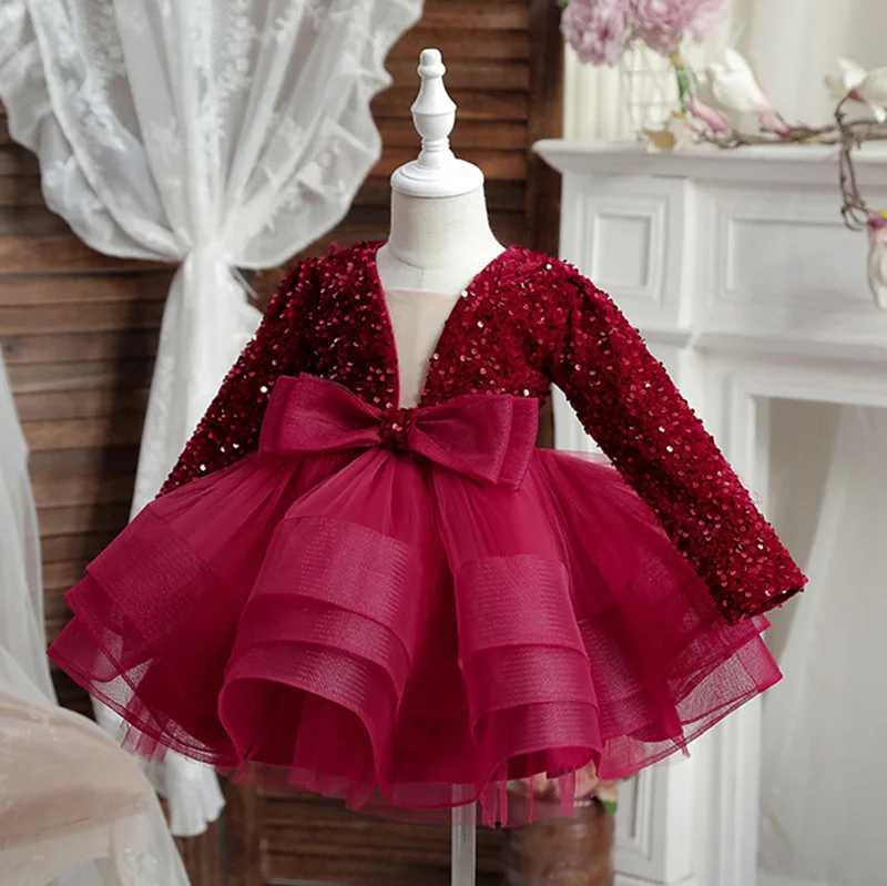 Girls sequin long sleeved princess dress 2024 new fashion bow puffy dress carnival birthday high-end performance clothing