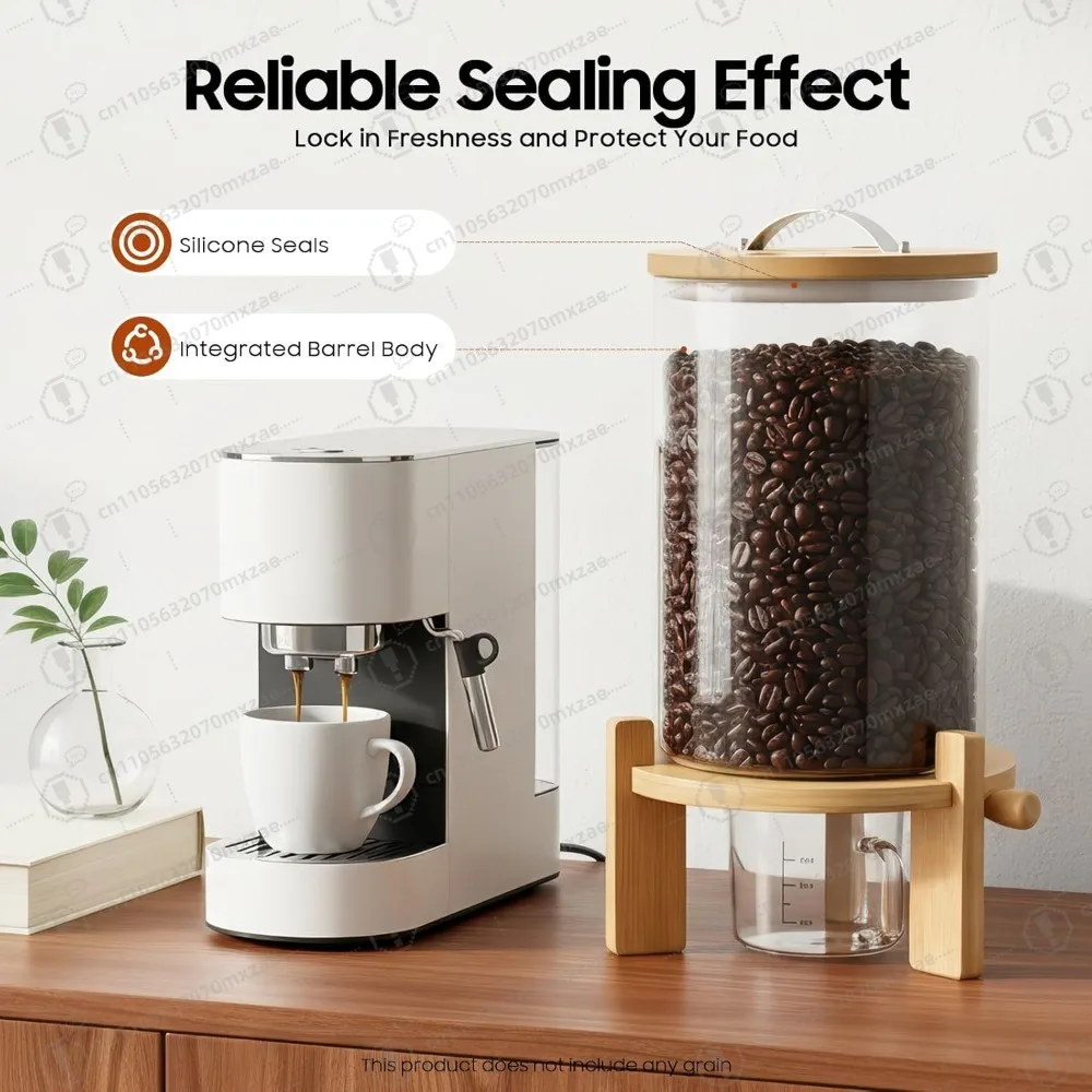 Airtight Rice Dispenser 5L/7.5L with Wood Base Glass Grain Storage Container And Measuring Cup for Kitchen