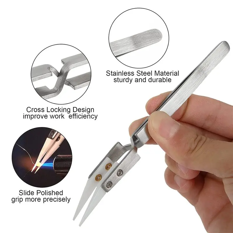 AT02-60 Pcs Precision Reverse Solder Tweezers, Non-Conductive, Anti-Magnetic Pointed And Curved Tips Tweezers Set