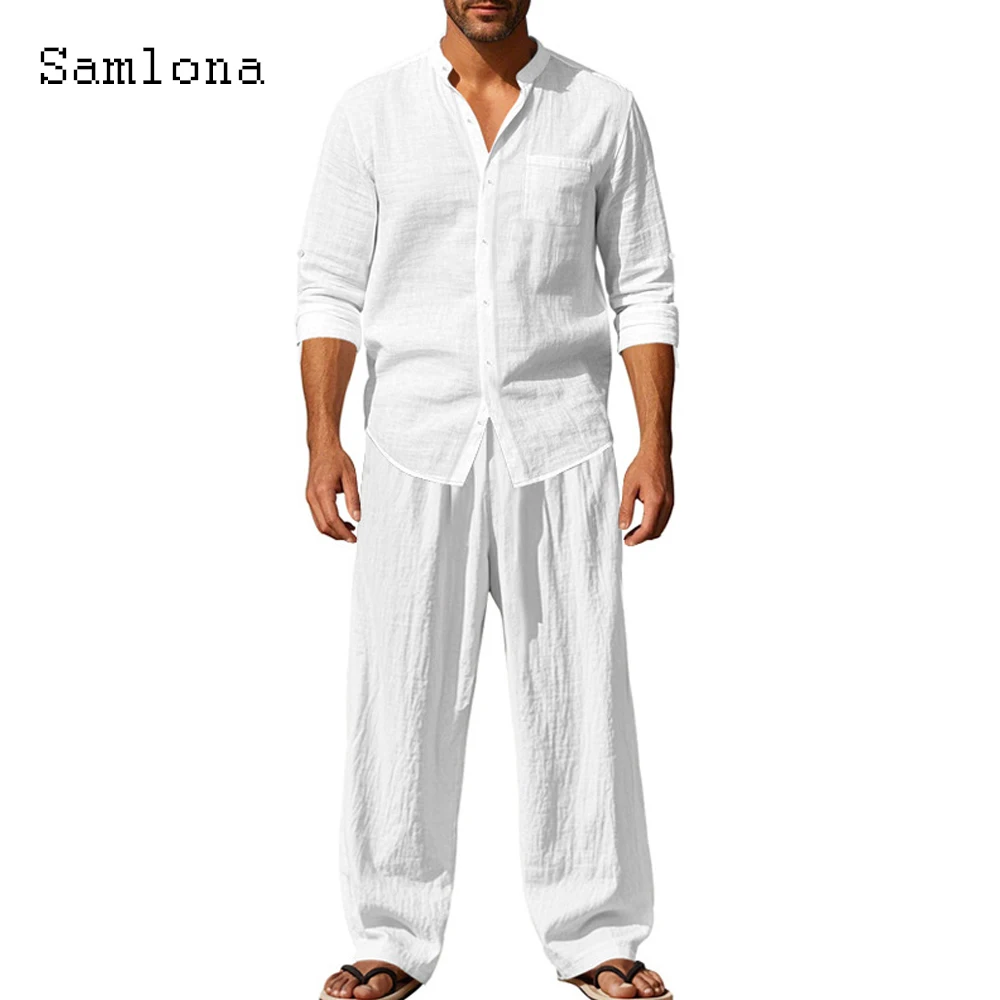 Plus Size Mens Casual Linen Two Piece Sets 2025 Europe Style Vintage Blouse and Straight Pants Suit Men Beach Tracksuits Set New