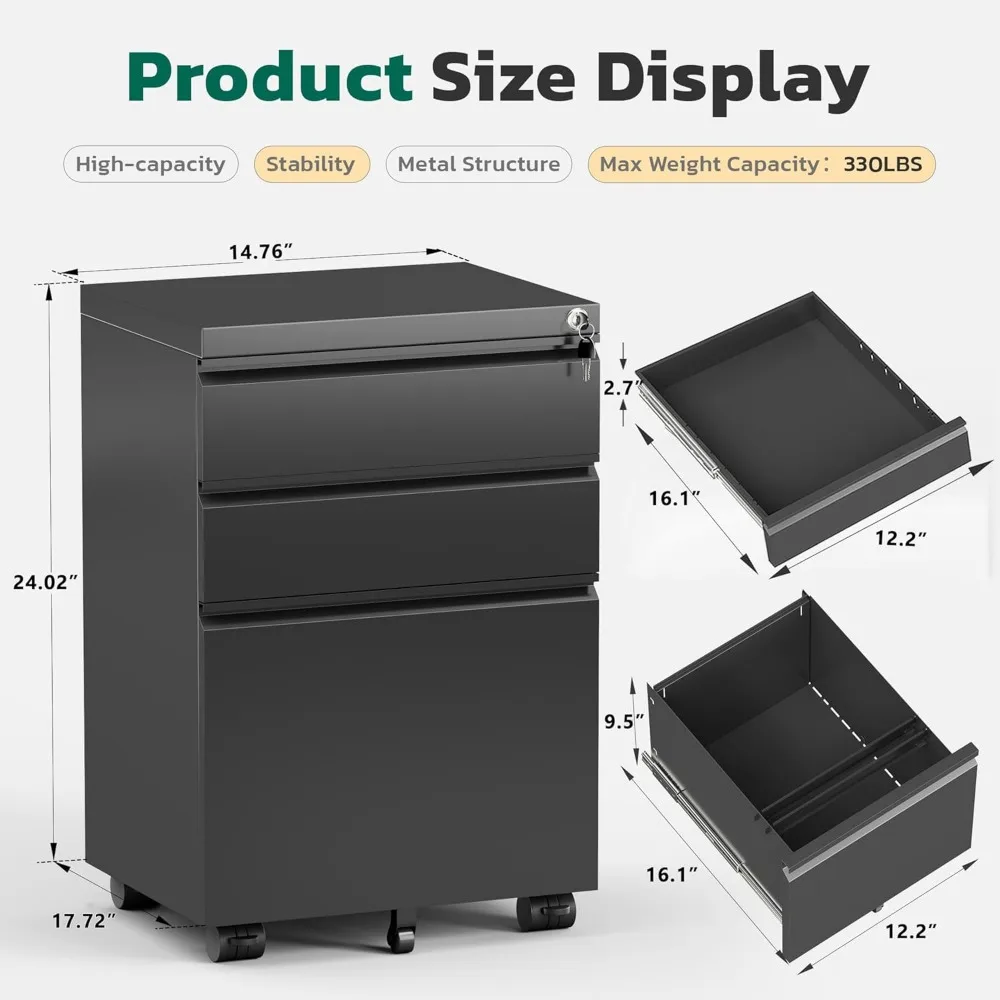3 Drawer Mobile File Cabinet with Lock, Fully Assembled Rolling File Cabinet Except Casters, Under Desk File Cabinet