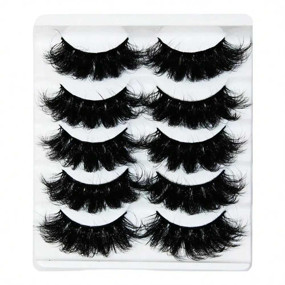 5 Paar Kunstwimpern aus Nerzimitat, flauschig, lang, voluminös, für einen dramatischen Cat-Eye-Look, wiederverwendbar für Bühnen-, Party- und Abend-Make-up – Detail 2