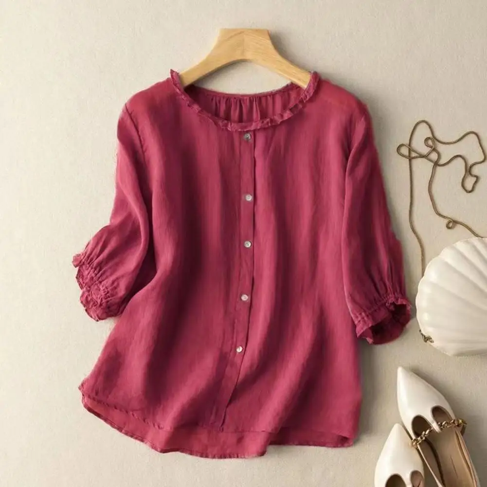 Lightweight Top Solid Color Ruffle Trim Three-quarter Sleeve Women's Blouse Loose Fit Round Neck Shirt with Button Detail Women