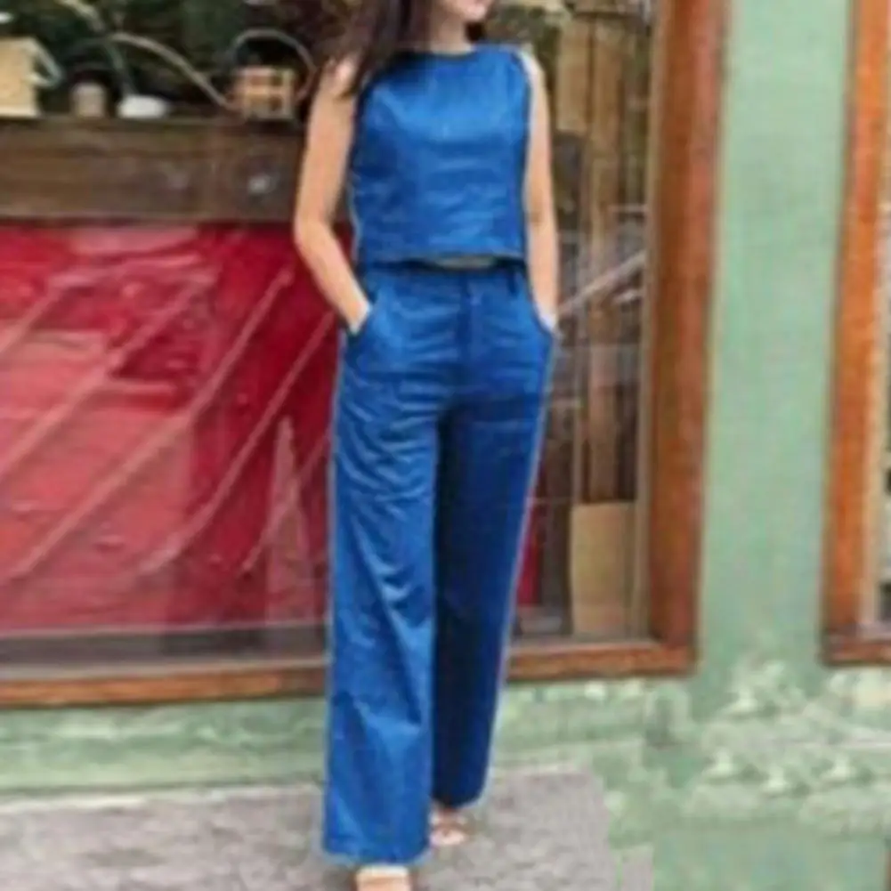 M-4XL 2 Pieces Sets for Women Summer O-Neck Sleeveless Crop Tops High Waist Pockets Wide Leg Long Pants Solid Color Lady Outfit