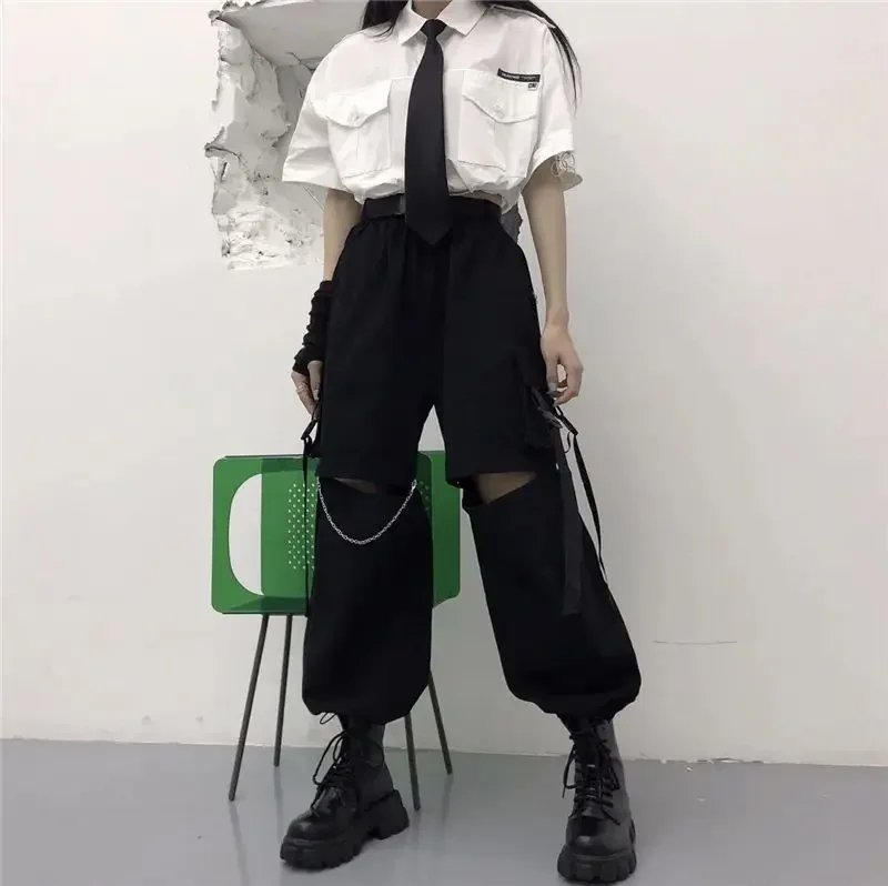 Gothic Fashion Streetwear Women Cargo Pants High Waist Stitching with Chain Casual Pants Black Oversize Korean Wide Leg Trousers