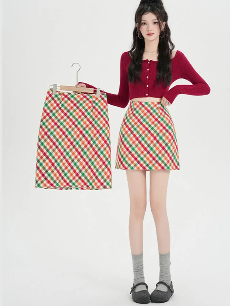 Frühling 2026 Regenbogen Rock Frauen Hohe Taille EINE Linie Plaid Rock Mit Futter Koreanischen Stil, Mode Woolen Röcke Frauen Heißer Verkauf