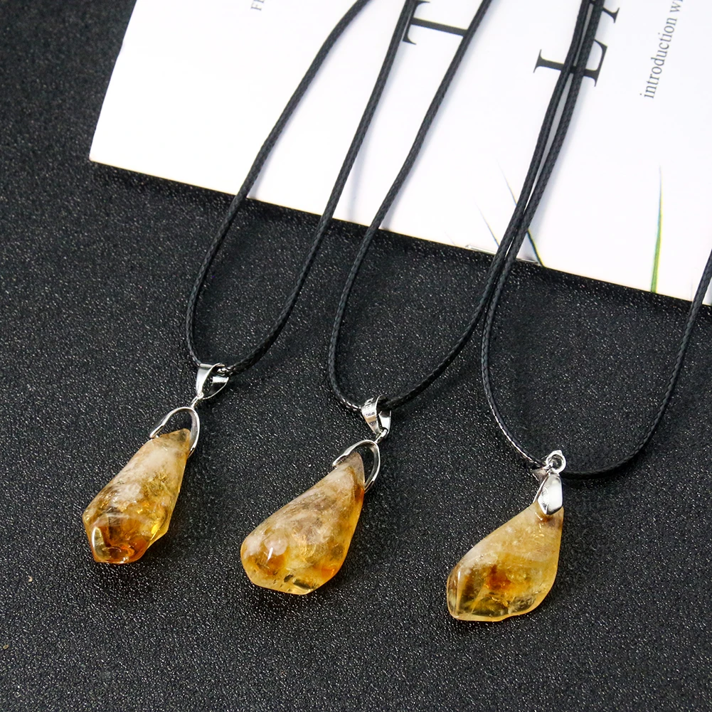 1PC Natural Citrine Necklace Energy Healing Reiki Rock Mineral Quartz Crystal Stone Charm Pendant Jewelry Choker for Women
