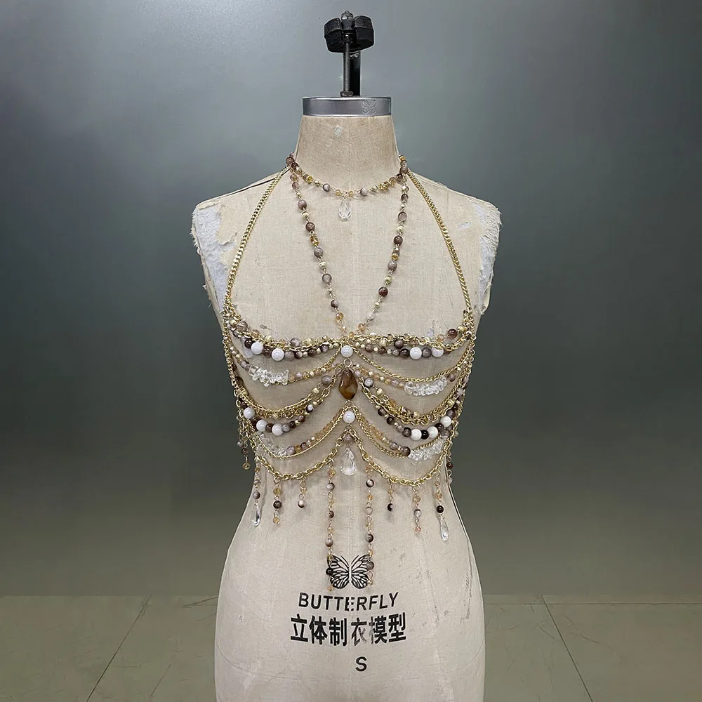 XYMY Handmade jewelry metal chain with pearl tassels hollow backless bra sexy girl graduation prom party body chain